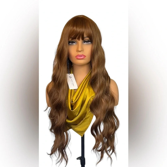 30” Long Curly Chestnut  Wig with bangs natural look. for daily use - Picture 2 of 9